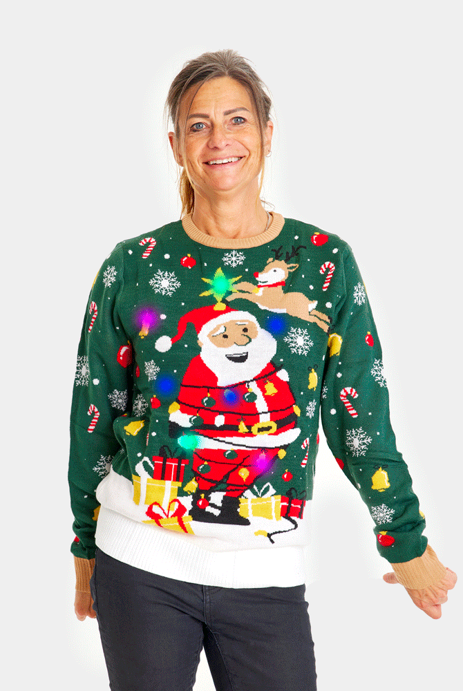 Maglione Natalizio da Donna con Luci LED Babbo Natale in Confusione