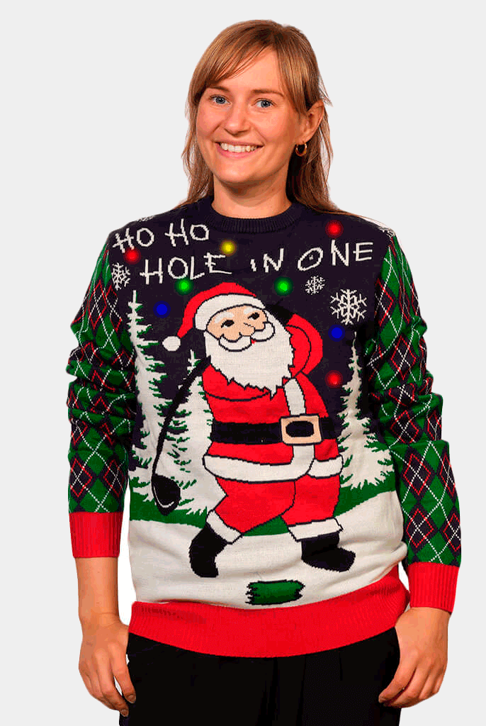 Maglione Natalizio da Donna con Luci LED Babbo Natale che Gioca a Golf