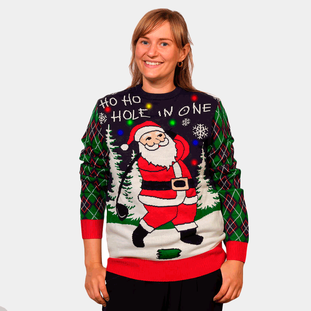Maglione Natalizio da Donna con Luci LED Babbo Natale che Gioca a Golf
