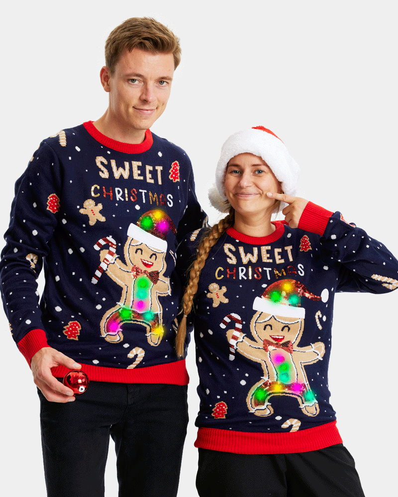 Maglione Natalizio da Donna con Luci LED Donna Blu Ginger Cookie Uomo