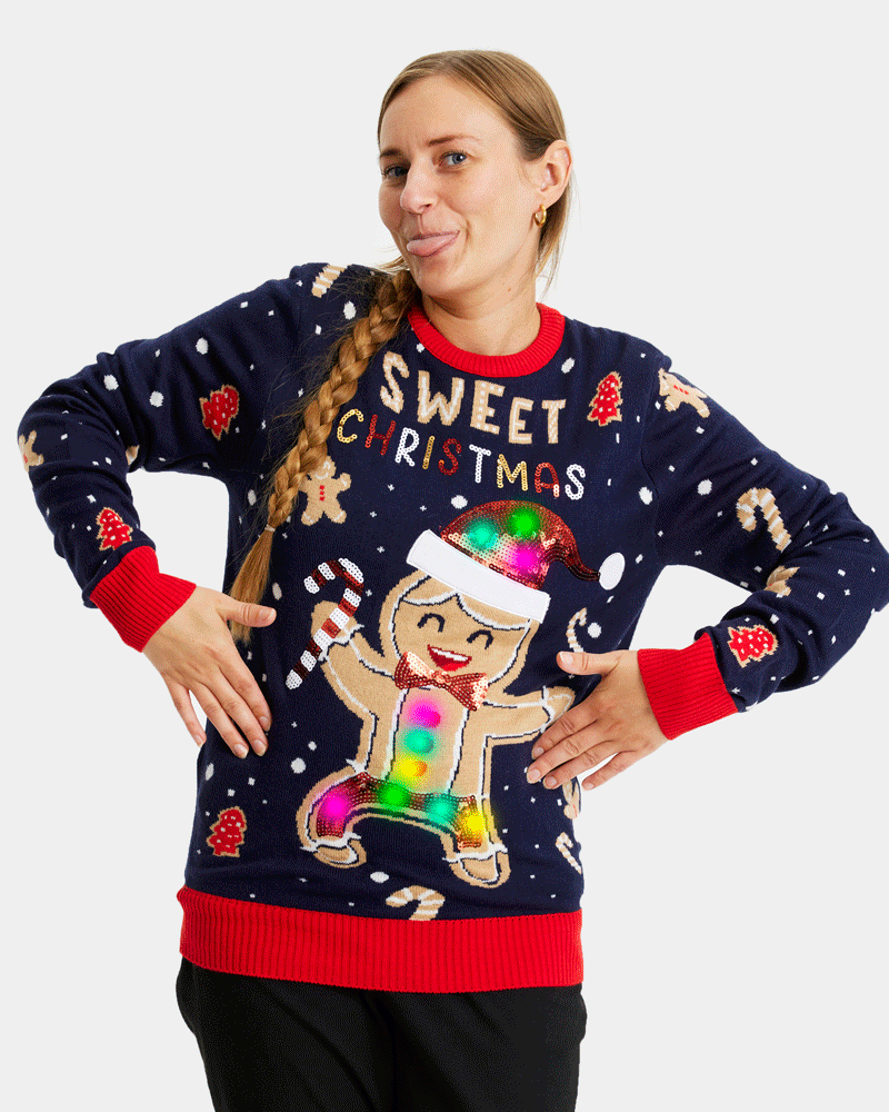 Maglione Natalizio da Donna con Luci LED Donna Blu Ginger Cookie