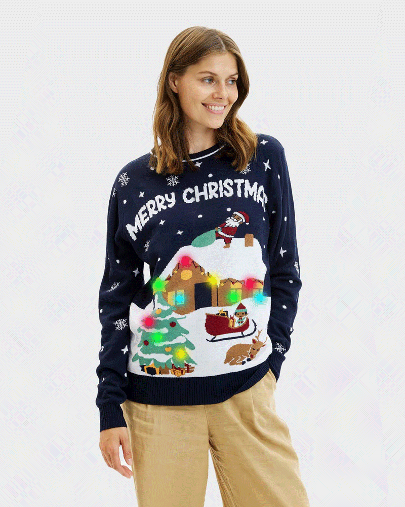 Maglione Natalizio da Donna con Luci LED Blu Merry Christmas