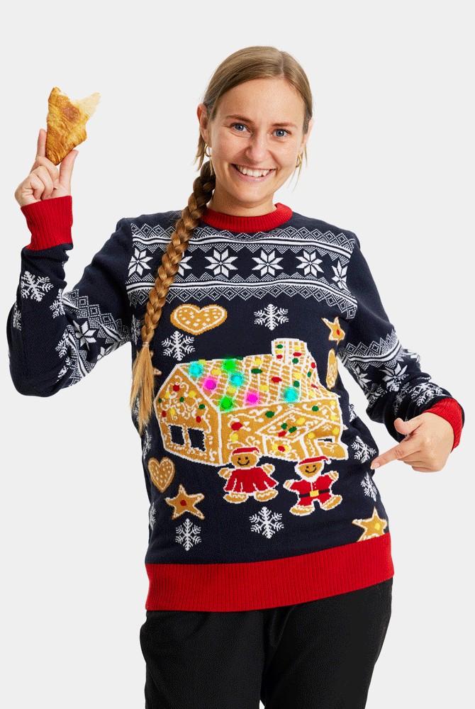 Maglione Natalizio da Donna con Luci LED Casa di Pan di Zenzero