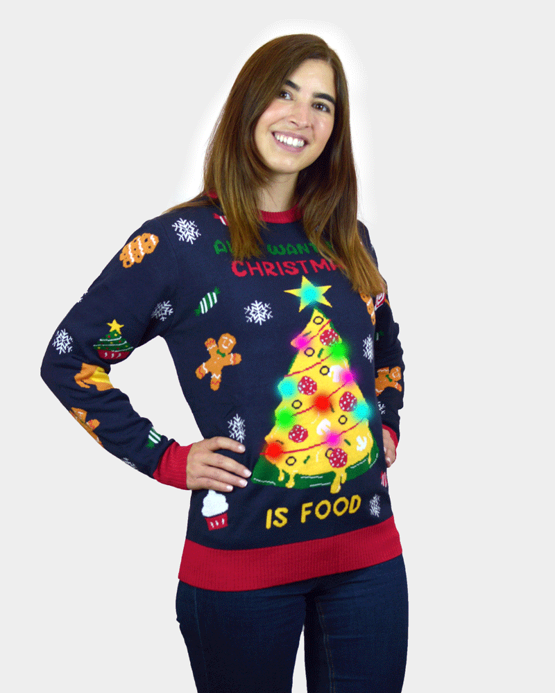Maglione Natalizio da Donna con Luci LED Cibo Natalizio