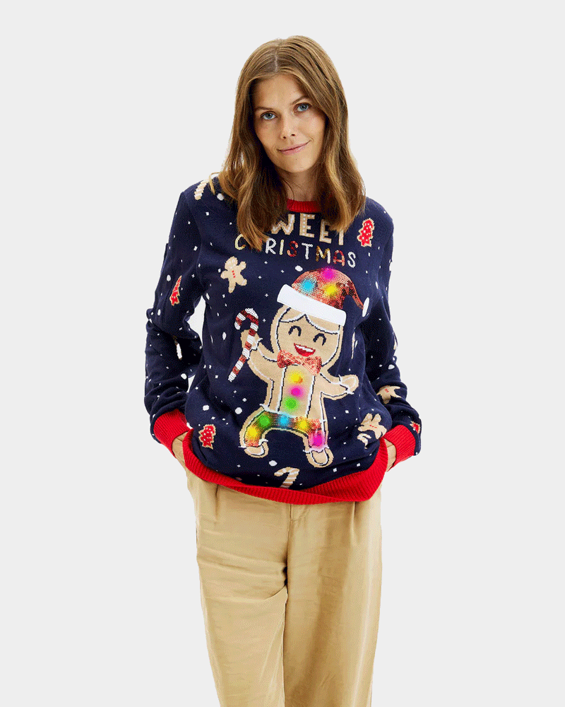 Maglione Natalizio da Donna Luci LED Donna Blu Ginger Cookie