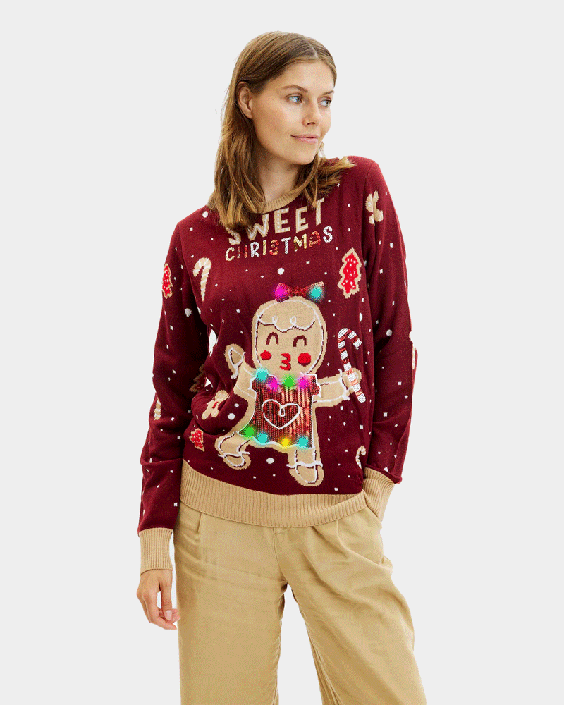 Maglione Natalizio da Donna con Luci LED Rosso Ginger Cookie