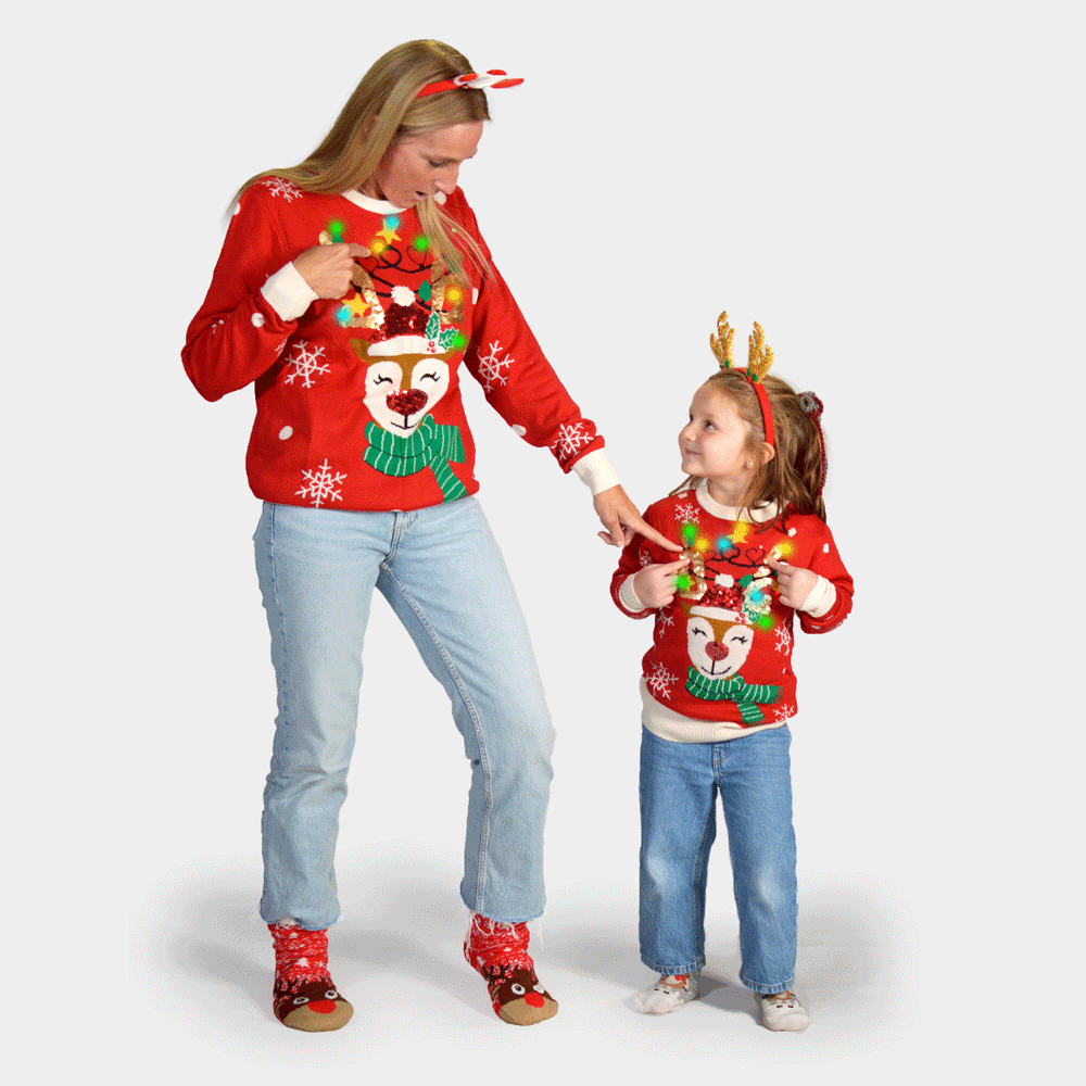 Maglione Natalizio da Donna Luci LED Renna Brillante Paillettes Famiglia