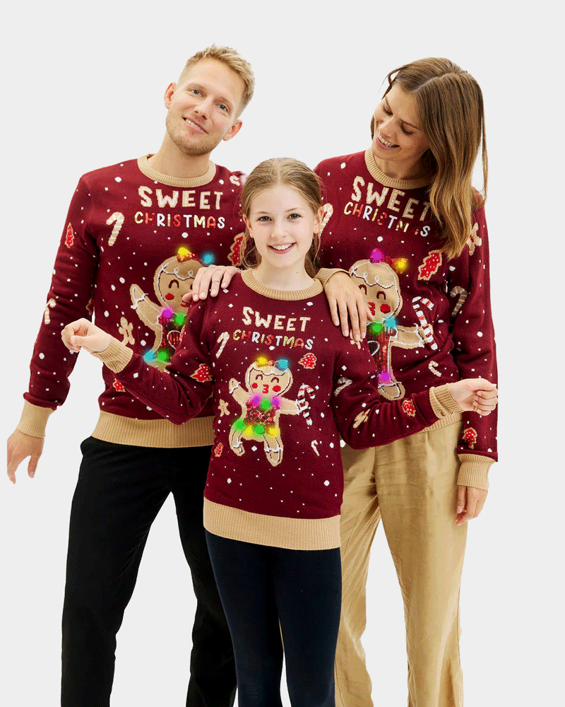 Maglione Natalizio Famiglia Donna con Luci LED Rosso Ginger Cookie