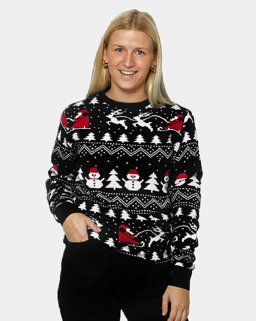Maglione Natalizio da Donna Nero Alberi, Pupazzi di Neve e Babbo Natale