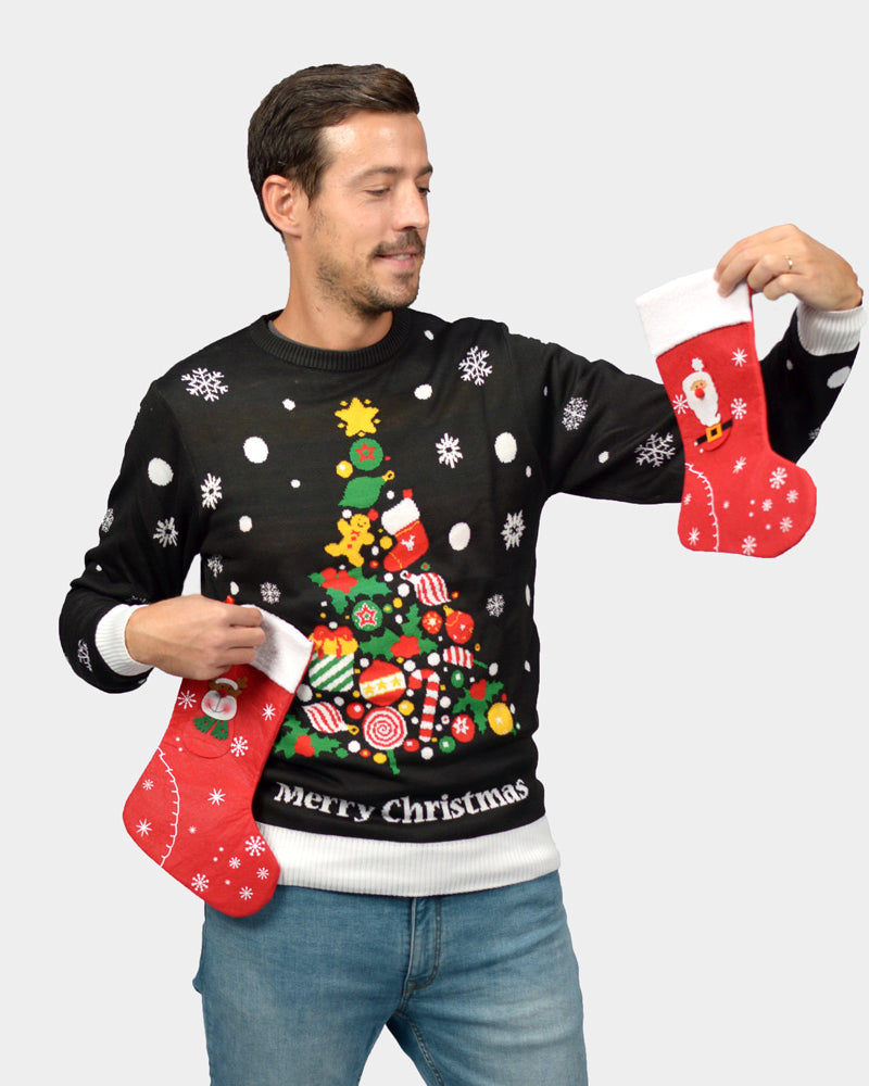 Maglione Natalizio da Donna Nero con Albero Natalizio Uomo