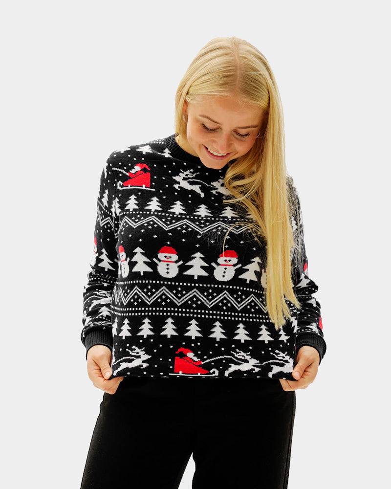 Maglione Natalizio da Donna Nero Pupazzi di Neve e Babbo Natale Alberi