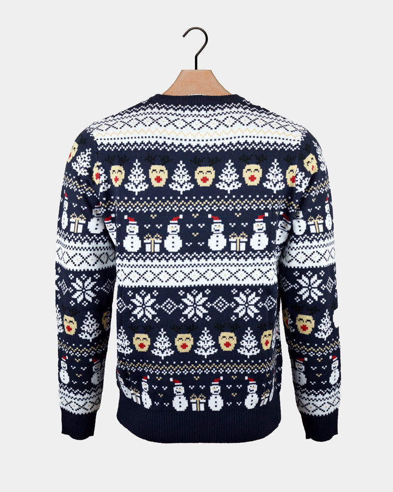 Maglione Natalizio Donna con Pupazzi di Neve e Motivi Natalizi Blu