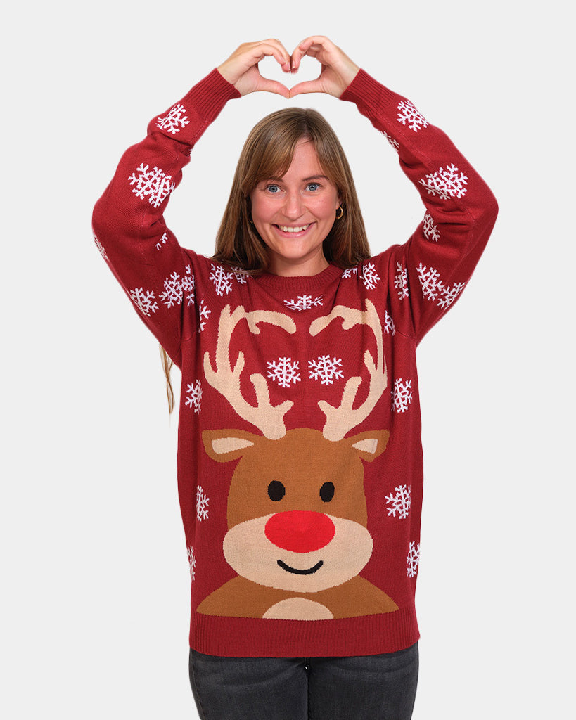 Maglione Natalizio da Donna con Renna Rudolph Rosso