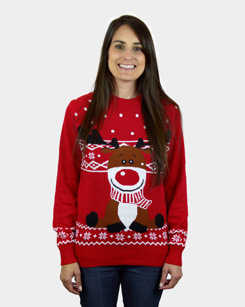 Maglione Natalizio Rosso Renna Rudolph con Sciarpa da Donna