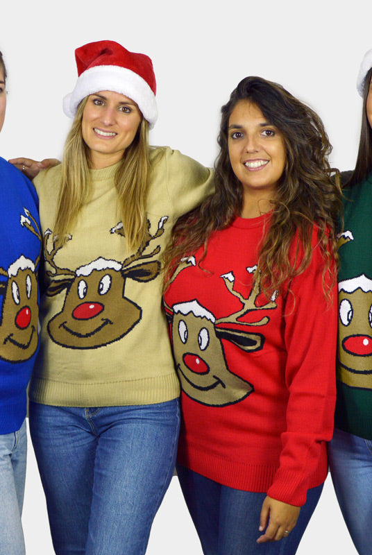 Maglione Natalizio da Donna Renna Sorridente Rosso Blue Verde e Beige