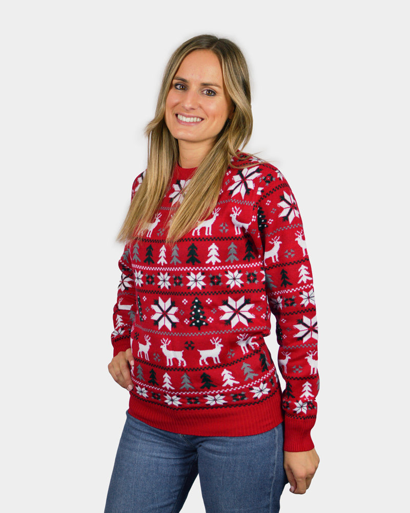 Maglione Natalizio da Donna Rosso Renne, Alberi e Stelle Polari