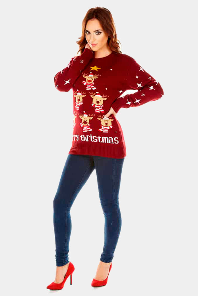 Maglione Natalizio Donna con Renne Albero Natalizio Stella Bordeaux