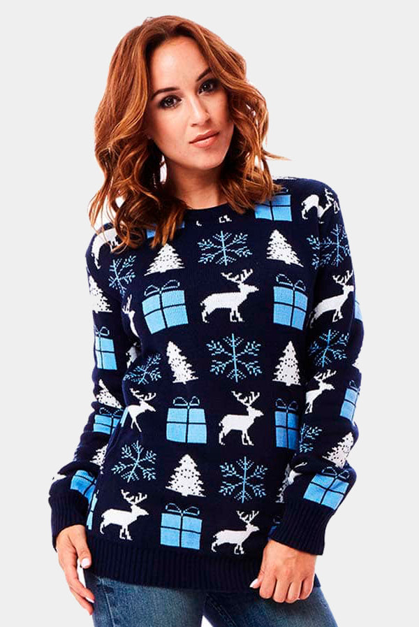 Maglione Natalizio Donna Blu con Renne, Regali e Pini