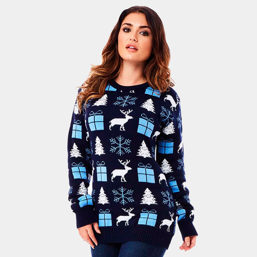 Maglione Natalizio da Donna Blu Renne, Regali e Pini