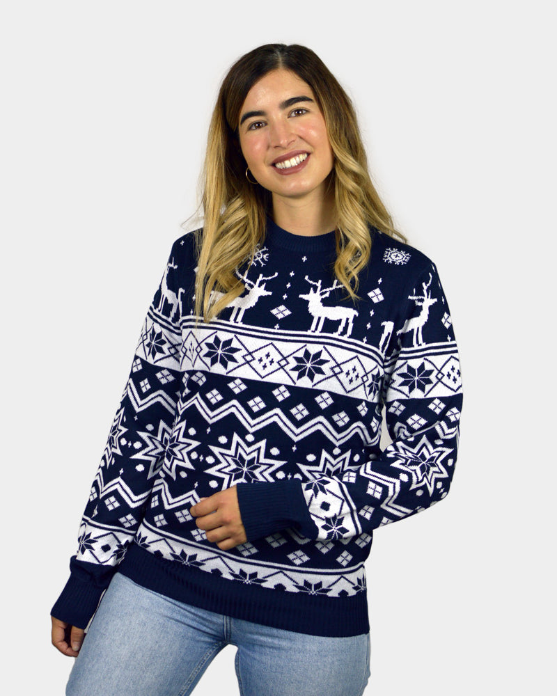 Maglione Natalizio da Donna con Renne e Stelle Blu Nordic