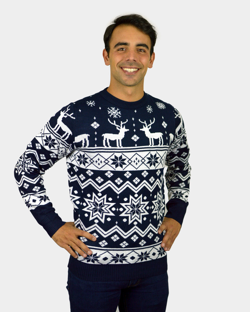Maglione Natalizio Uomo Donna con Renne e Stelle Blu Nordic