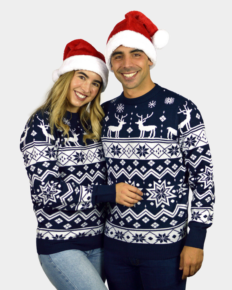 Maglione Natalizio da Donna con Renne e Stelle Blu Nordic coppia