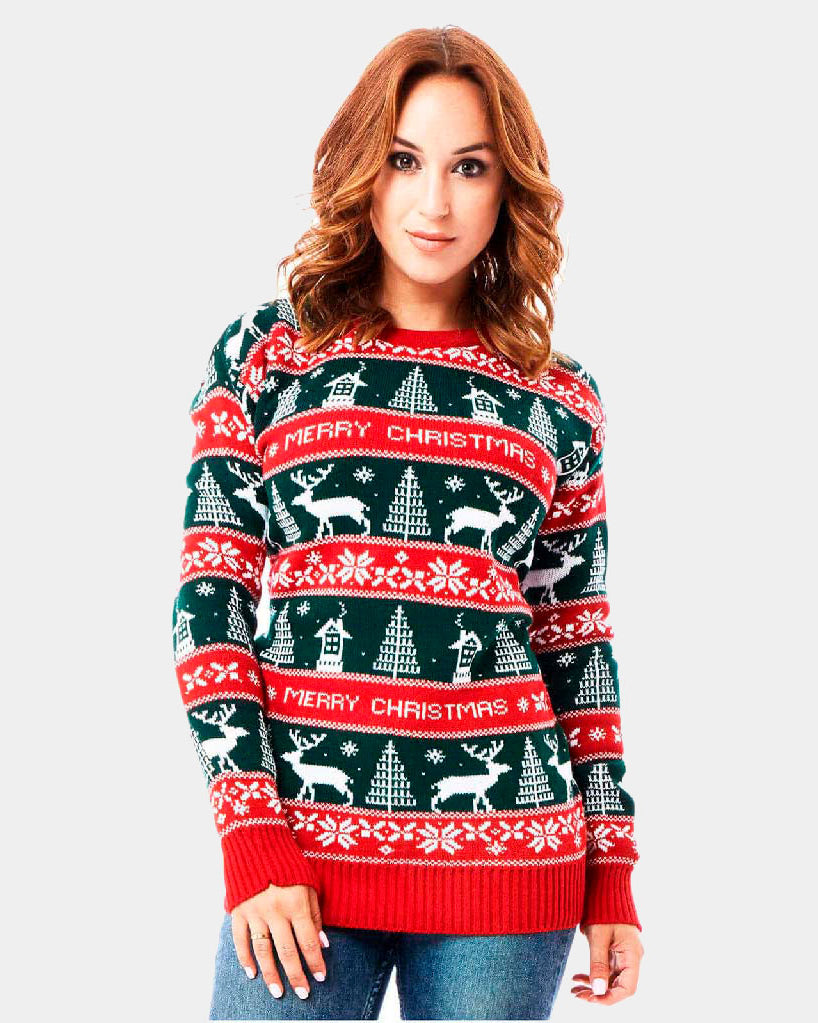 Maglione Natalizio a Righe Verdi Donna Rosse Merry Christmas