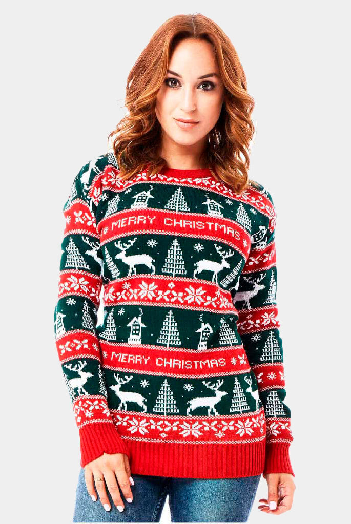 Maglione Natalizio a Righe Verdi Donna Rosse Merry Christmas