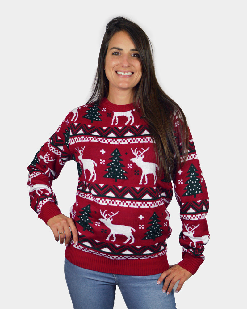 Maglione Natalizio da Donna Rosso Alberi di Natale e Renne