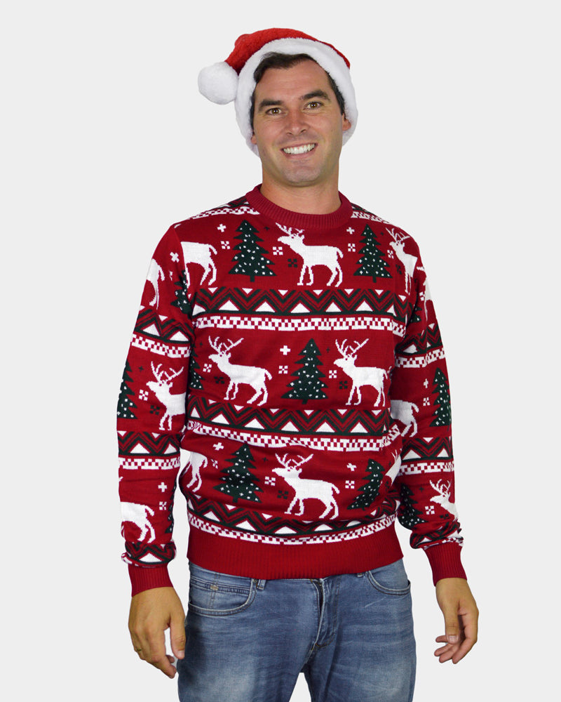 Maglione Natalizio da Donna uomo Rosso Alberi di Natale e Renne