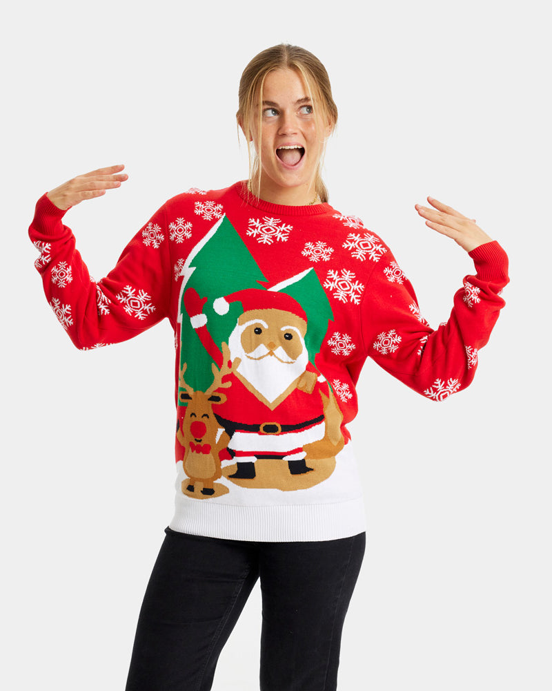 Maglione Natalizio da Donna Rosso con Babbo Natale e Renna che Salutano
