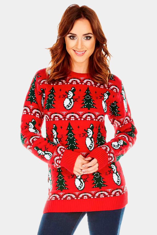 Maglione Natalizio da Donna Rosso con Pini e Pupazzi di Neve