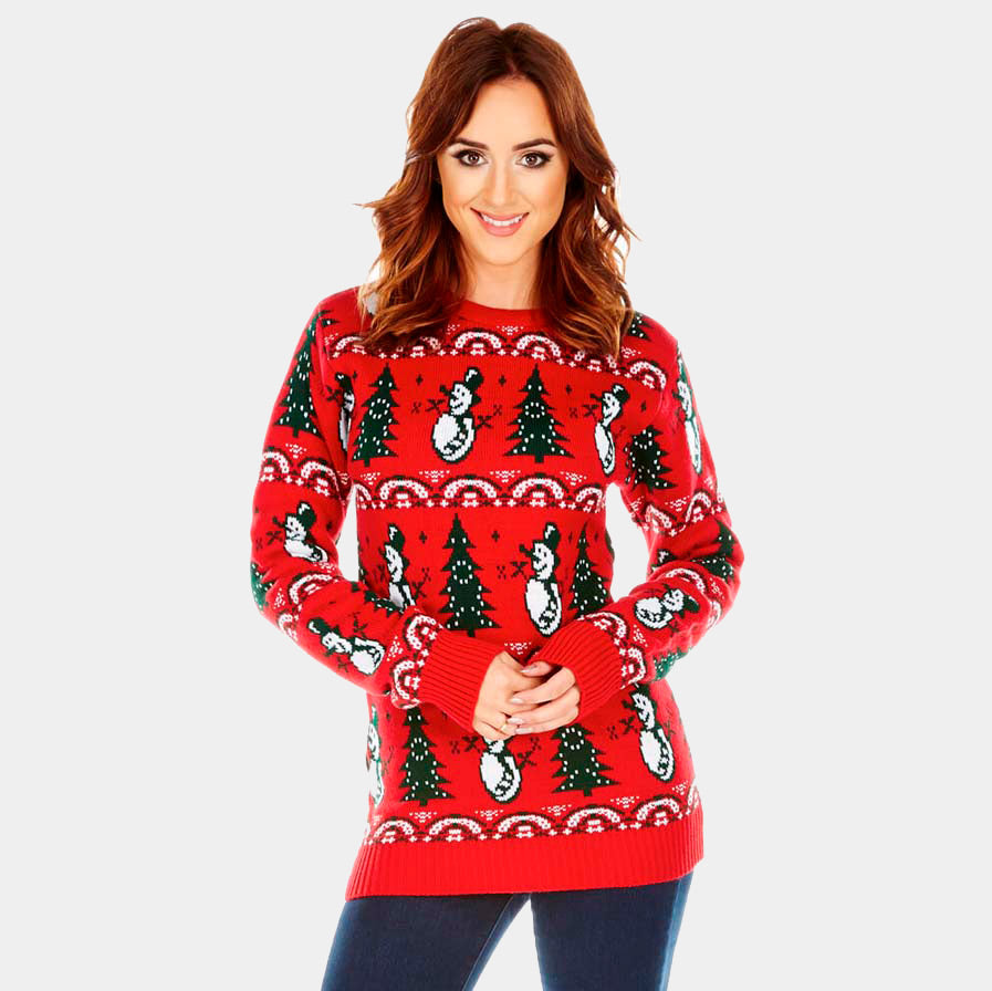 Maglione Natalizio da Donna Rosso con Pini e Pupazzi di Neve