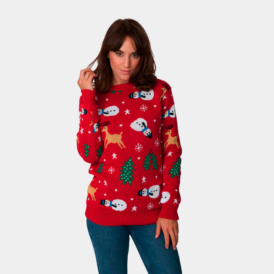 Maglione Natalizio da Donna Rosso con Pupazzi, Renne e Alberi