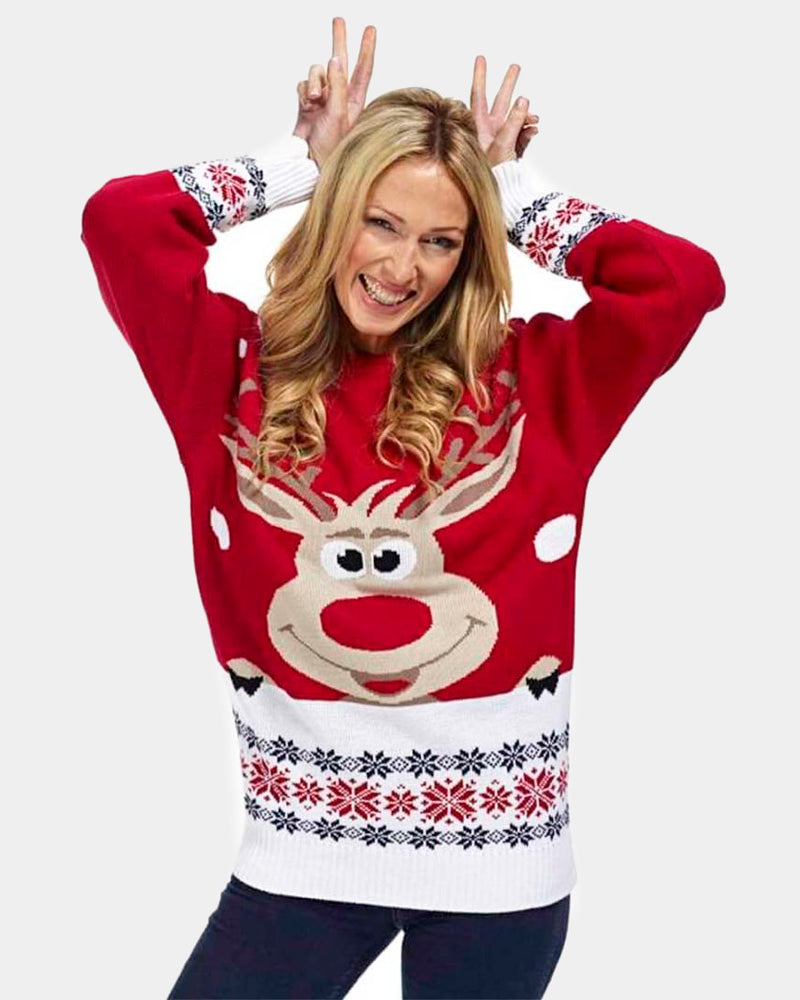Maglione Natalizio da Donna Rosso con Renna e Neve