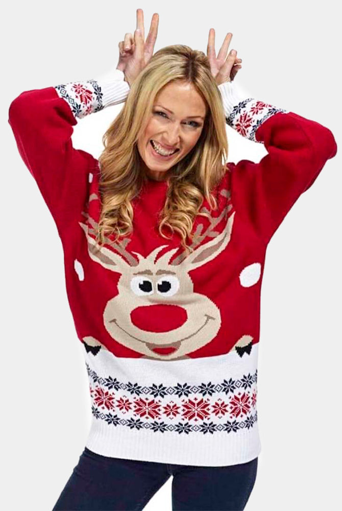 Maglione Natalizio da Donna Rosso con Renna e Neve