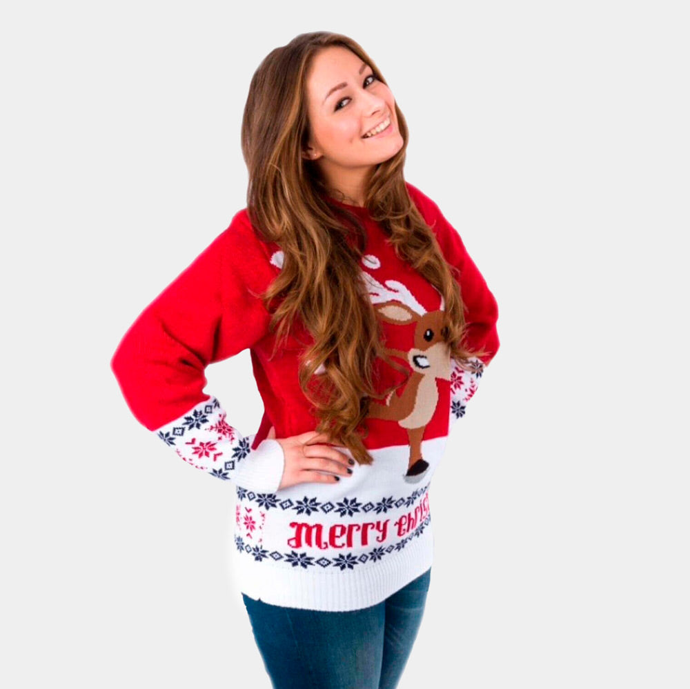 Maglione Natalizio da Donna Rosso con Renna che Pattina