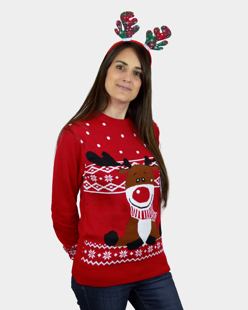 Maglione Natalizio da Donna Rosso Renna Rudolph con Sciarpa