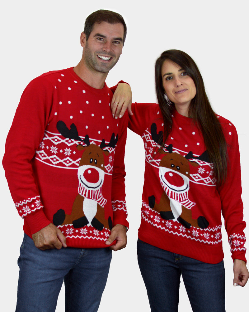 Maglione Natalizio da Donna Uomo Rosso Renna Rudolph Sciarpa