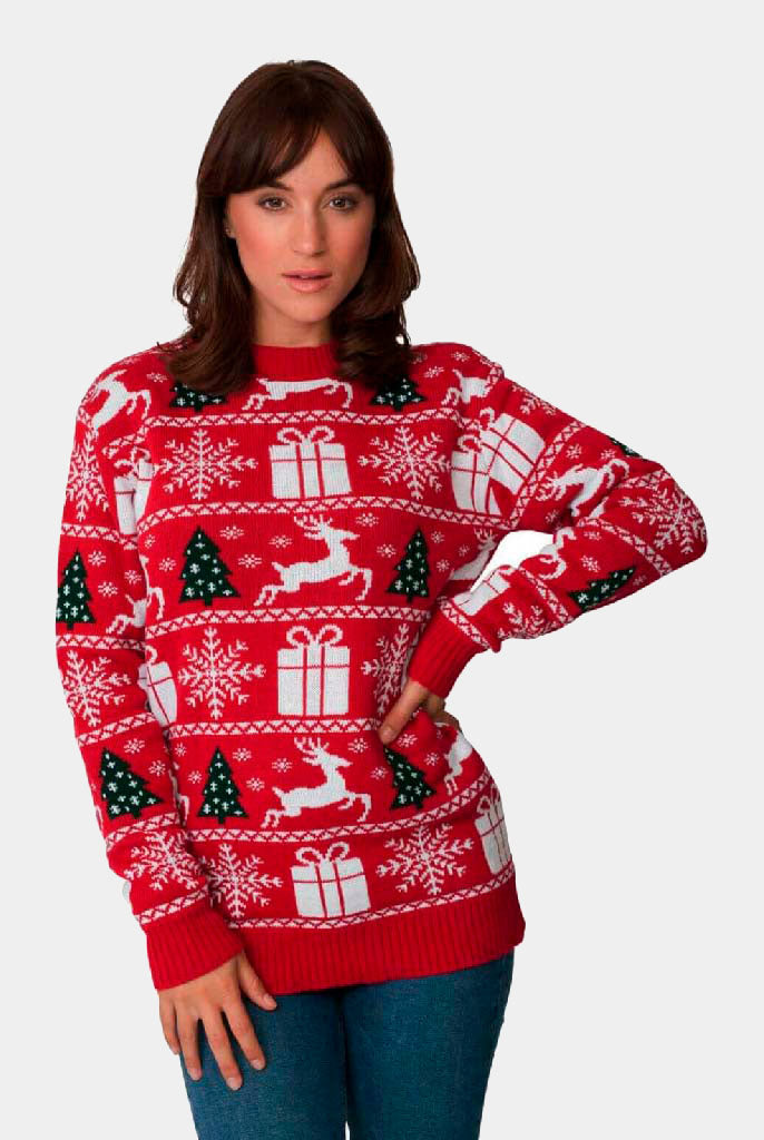 Maglione Natalizio Donna Rosso con Renne, Alberi e Regali di Natale