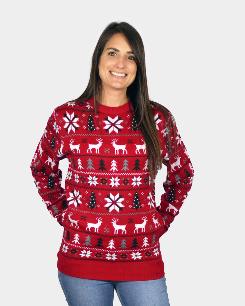 Maglione Natalizio Rosso da Donna Renne, Alberi e Stelle Polari
