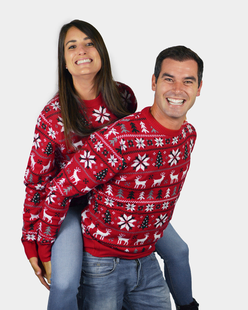 Maglione Natalizio Donna Uomo Rosso Renne, Alberi e Stelle Polari