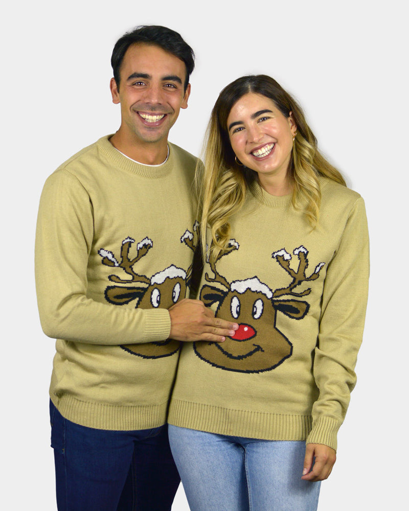 Maglione Natalizio Donna e Uomo Beige con Renna Sorridente