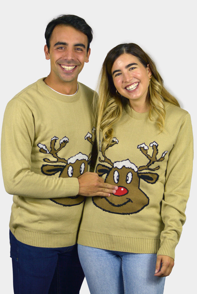 Maglione Natalizio Donna e Uomo Beige con Renna Sorridente