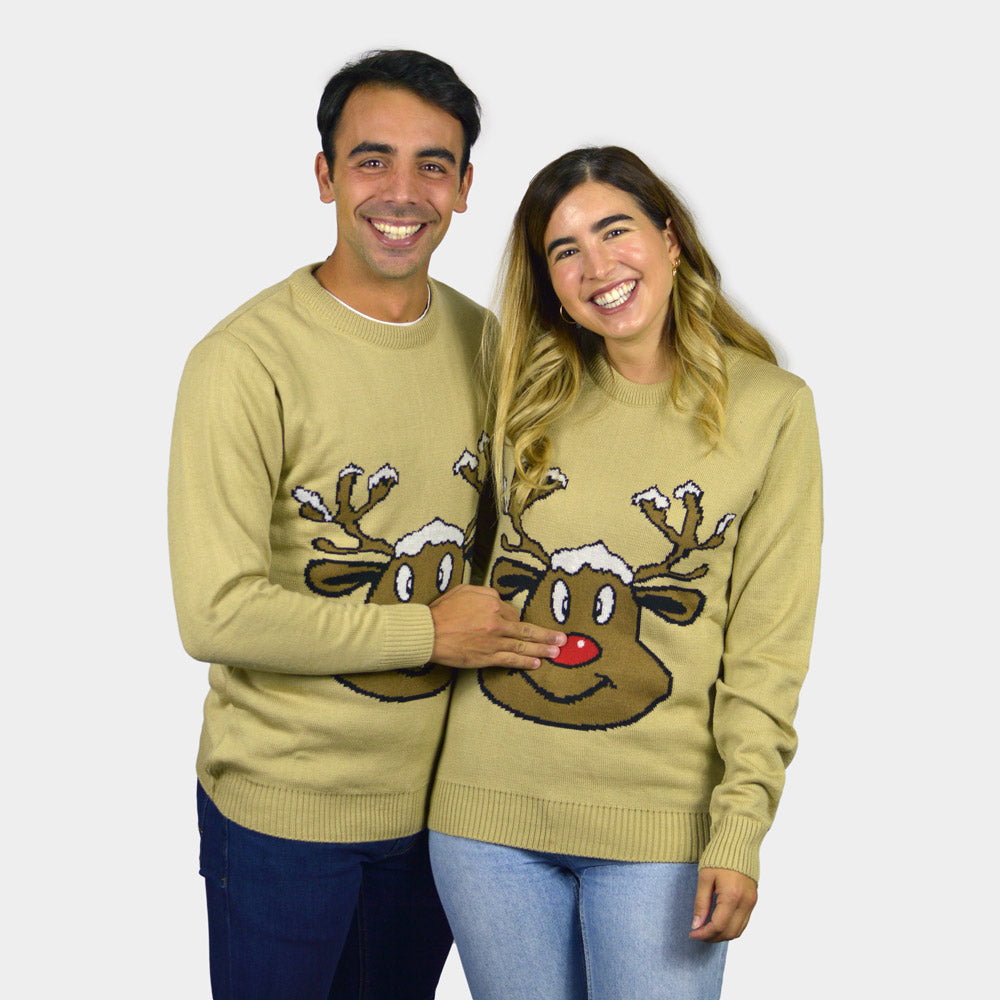 Maglione Natalizio Donna e Uomo Beige con Renna Sorridente