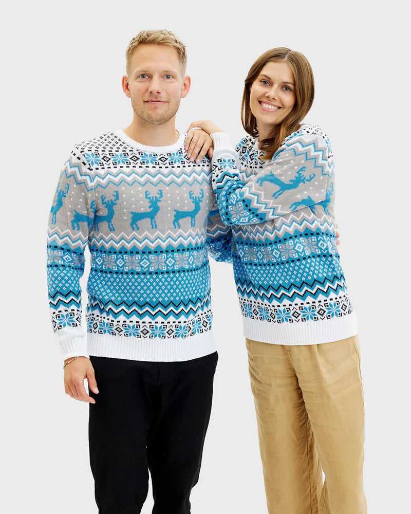 Maglione Natalizio da Donna Bianco, Grigio e Blu con Renne Elegante Uomo