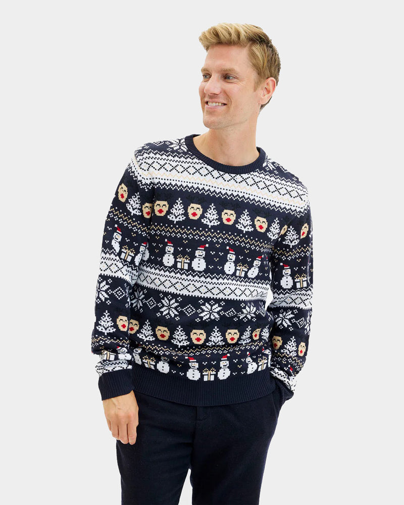 Maglione Natalizio da Donna Uomo Blu con Pupazzi di Neve e Motivi Natalizi