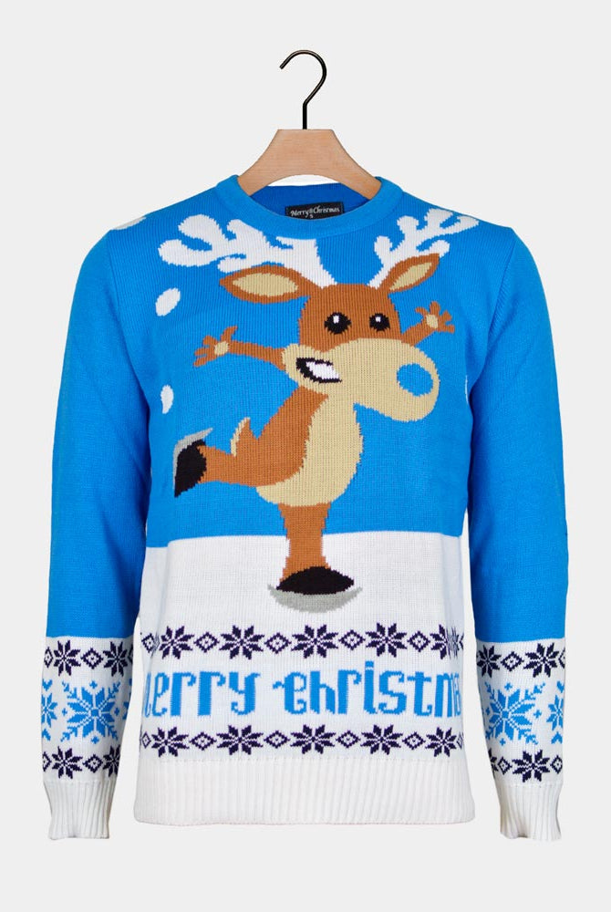 Maglione Natalizio da Donna e Uomo Blu con Renna che Pattina