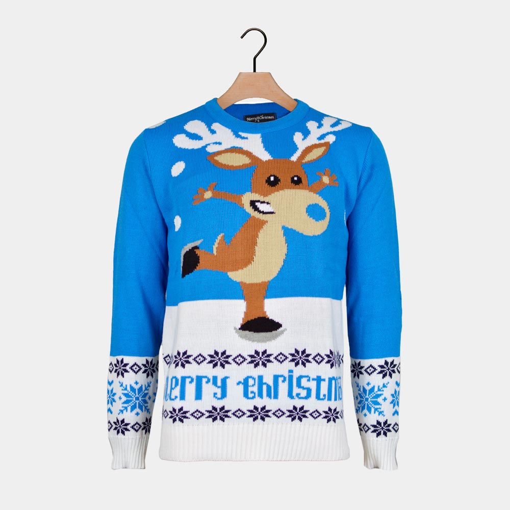 Maglione Natalizio da Donna e Uomo Blu con Renna che Pattina