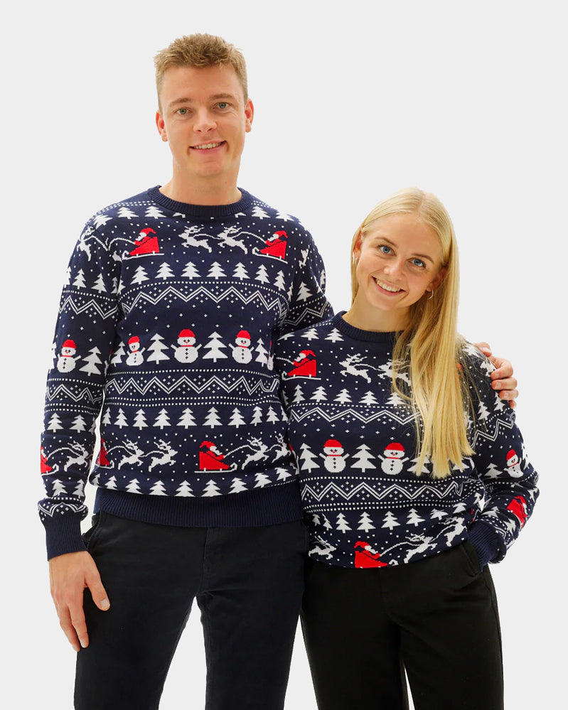 Maglione Natalizio da Donna Uomo Cotone Biologico Blu Alberi Pupazzi di Neve Babbo Natale